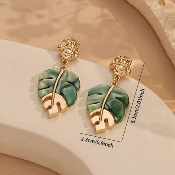 "Fiona" Palm Leaf Dangle Earring | Green and Gold - Picture 1 of 3